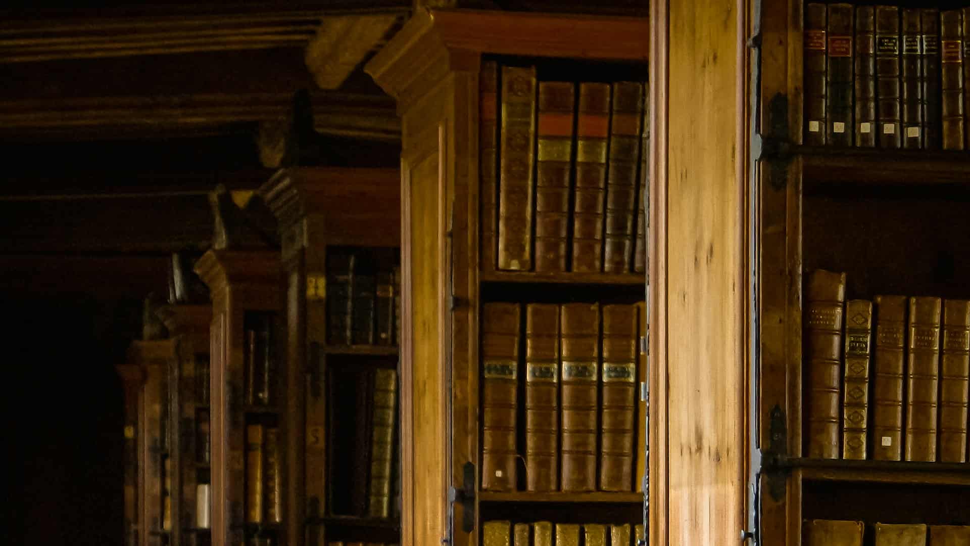Old wooden shelving filled with bound books