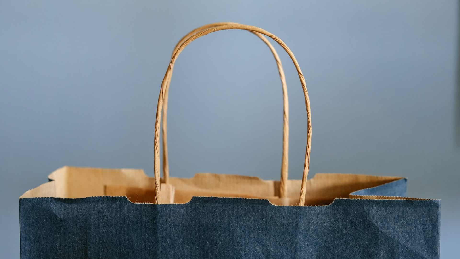 A navy kraft paper bag standing against a pale wall