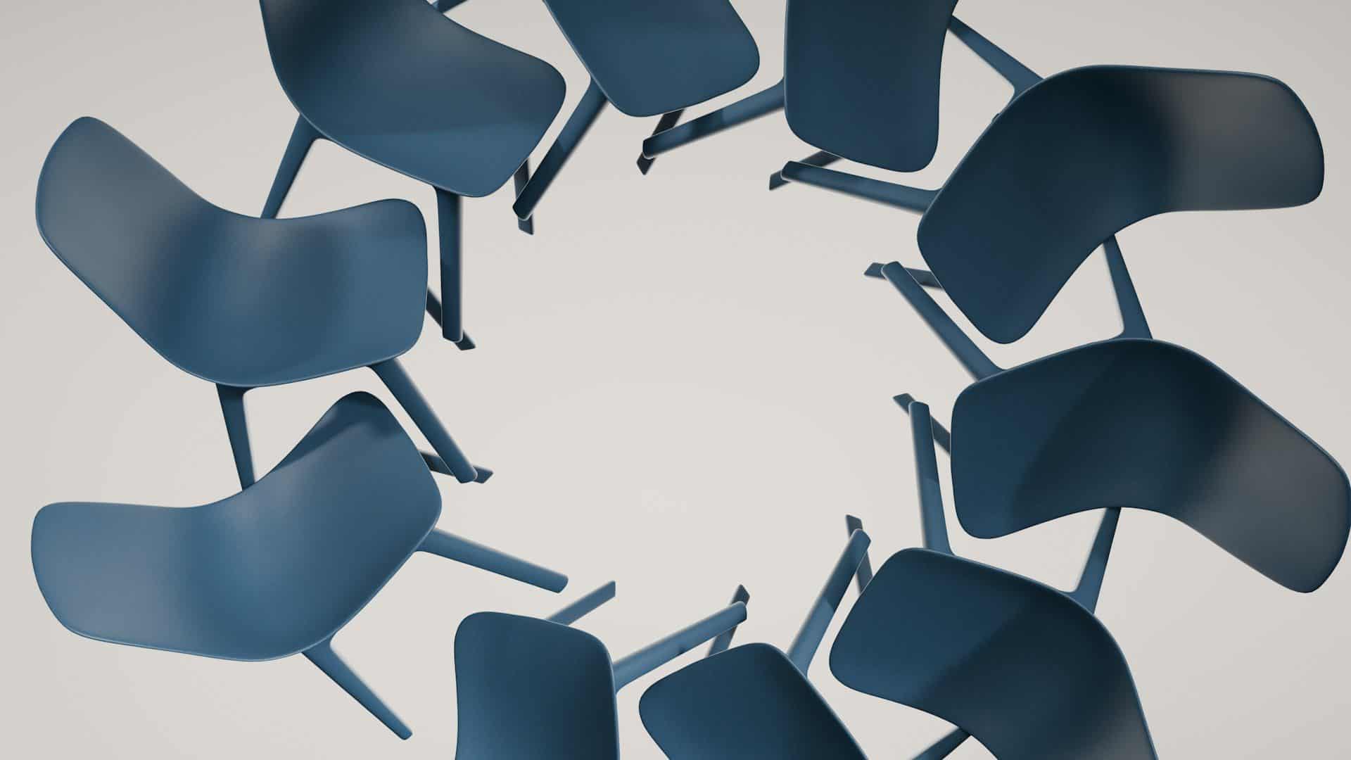 Blue chairs arranged in a circle, seen from above